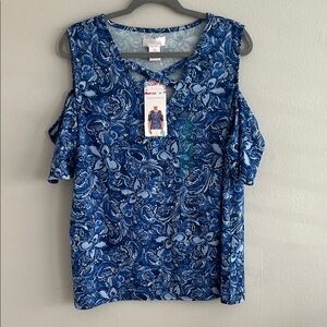 Elegant Floral Cut-Out Blouse - Blue